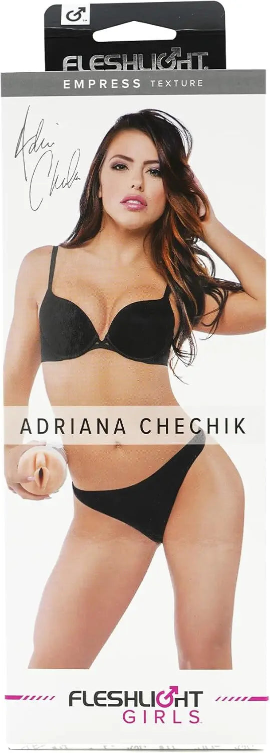 Fleshlight packaging featuring a model wearing black lingerie with 'Adriana Chechik' branding.