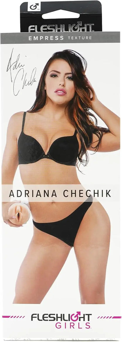 Fleshlight packaging featuring a model wearing black lingerie with 'Adriana Chechik' branding.