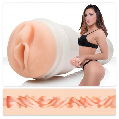 Model holding a large Masturbator with a close-up of skin texture at the bottom.