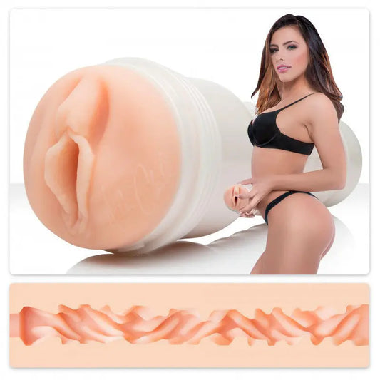 Model holding a large Masturbator with a close-up of skin texture at the bottom.