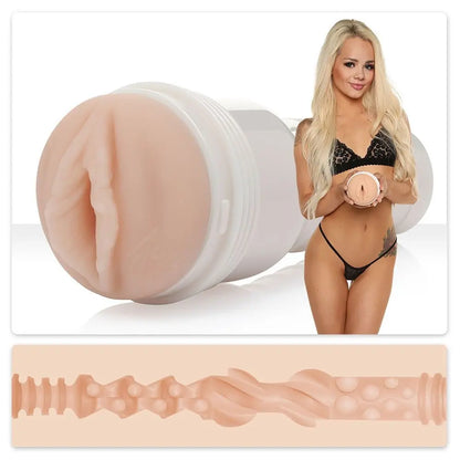 Product with a close-up of texture and a model holding it.