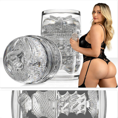 Woman in black lingerie holding a clear male masturbator with intricate designs, set against a white background.