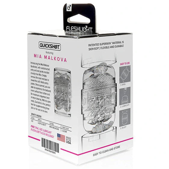 Fleshlight Quickshot packaging featuring Mia Malkova on a white background