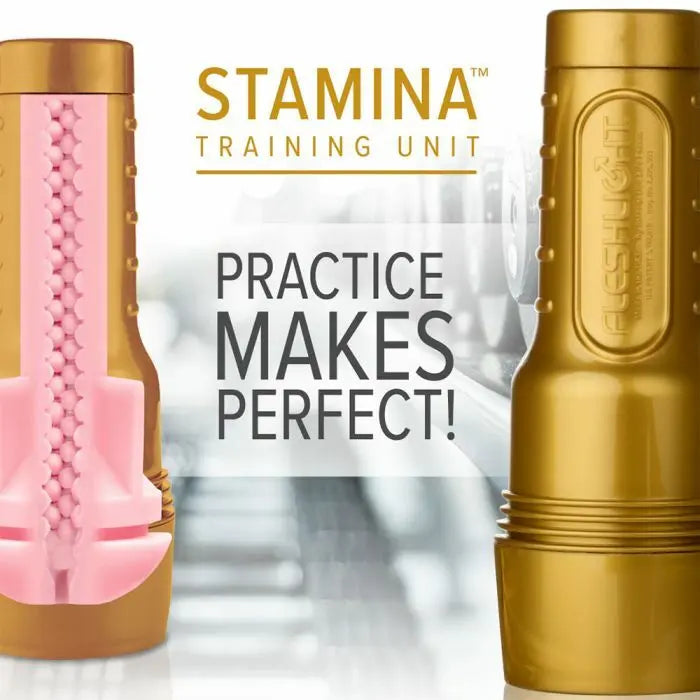 Gold and pink Stamina training unit with text 'Practice Makes Perfect!' on a blurred background