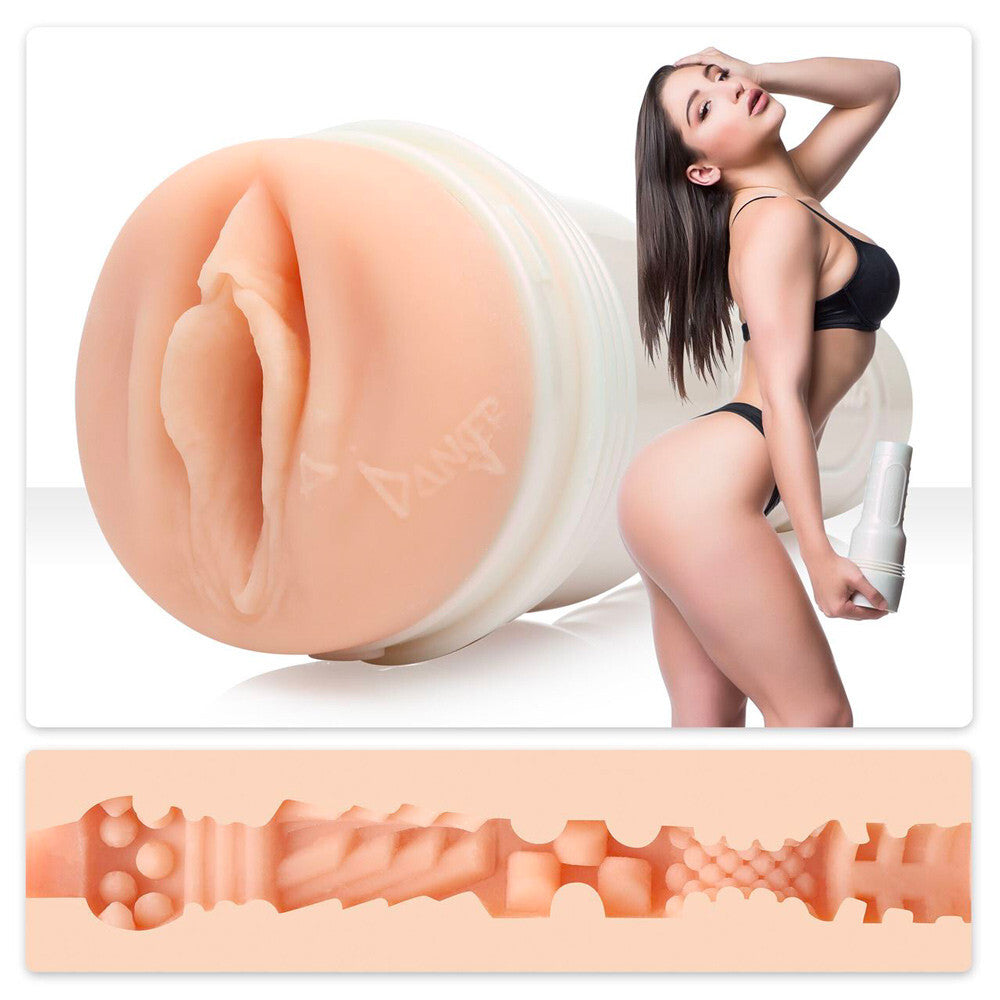 Product with a detailed cross-section and Abella Danger model posing next to it.