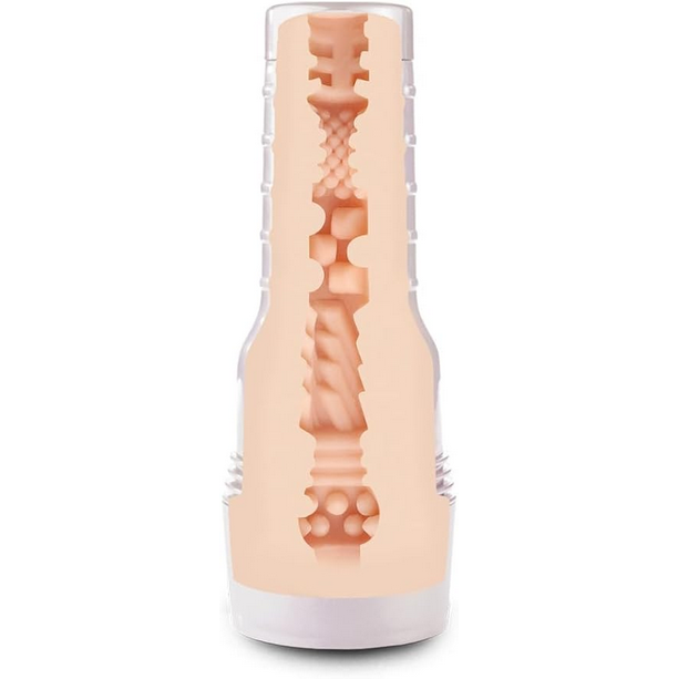 Beige and white cylindrical product with textured design on a white background
