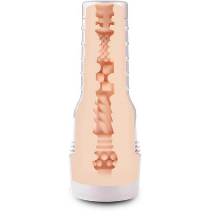 Beige and white cylindrical product with textured design on a white background