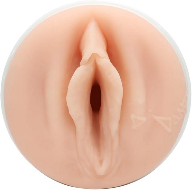 Close-up of a silicone model of a human vagina on a white background