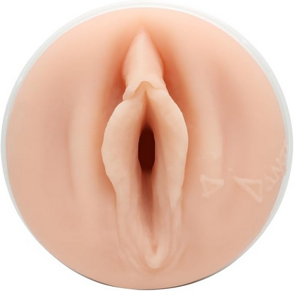 Close-up of a silicone model of a human vagina on a white background