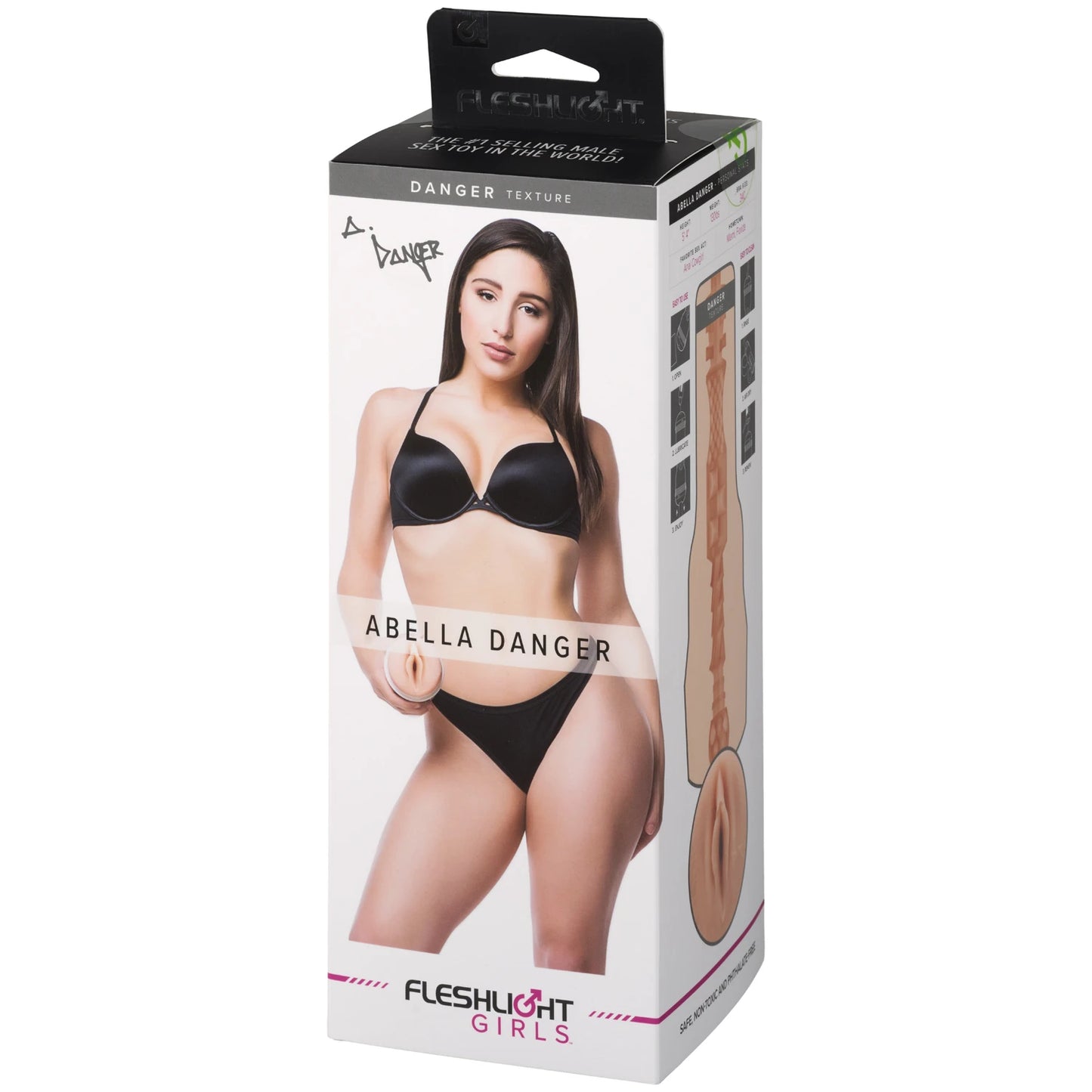 Fleshlight Girls Abella Danger packaging with a model wearing black lingerie on a white background