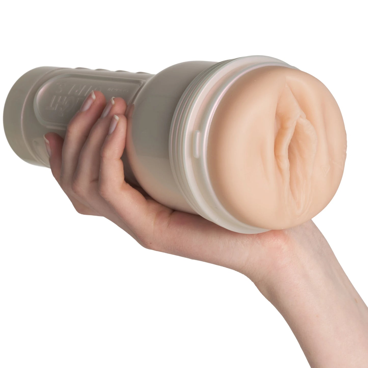 Hand holding a cylindrical container with beige lid and beige body on a white background