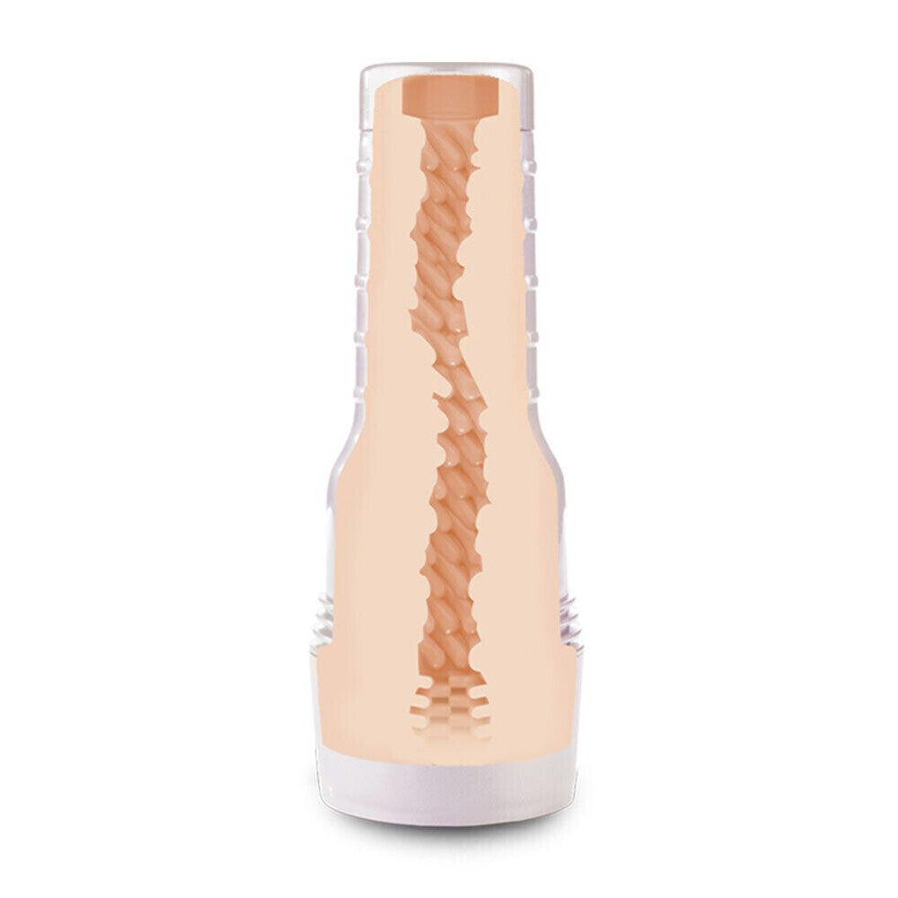 Beige cylindrical product with textured surface on a white background