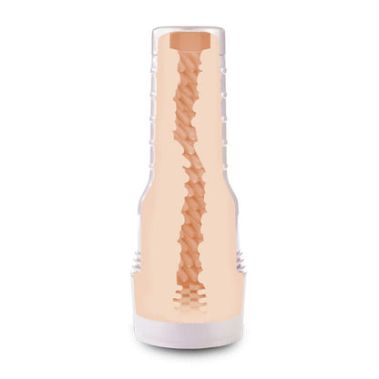 Beige cylindrical product with textured surface on a white background