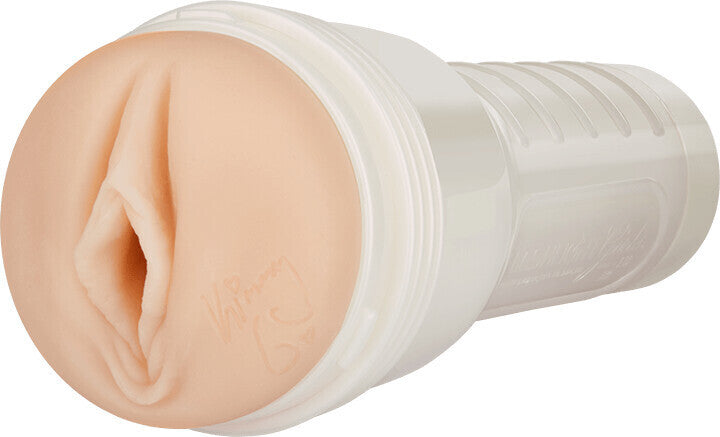 Realistic silicone vagina in a white plastic container on a white background