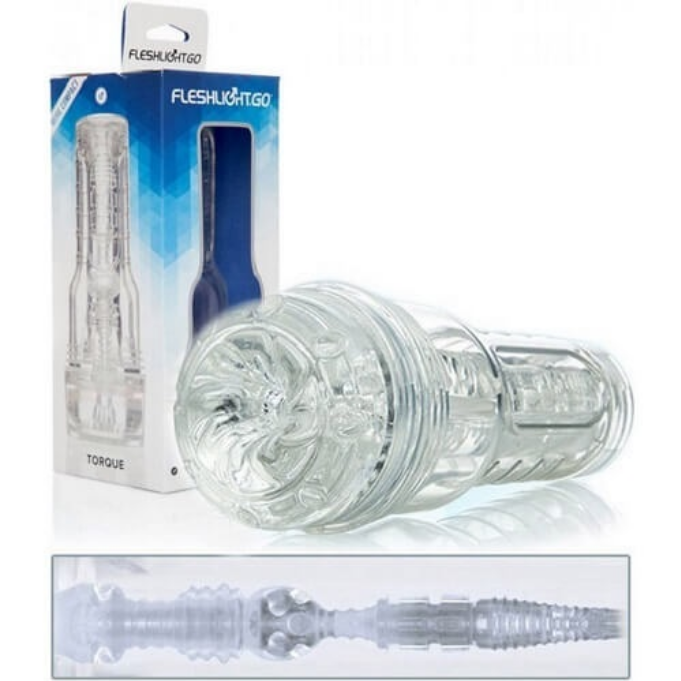 Clear silicone product with packaging labeled 'Fleshlight' on a white background