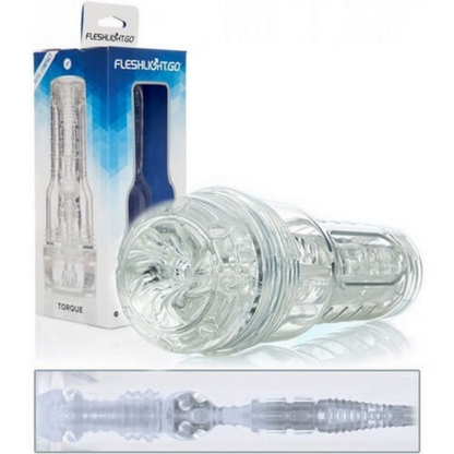 Clear silicone product with packaging labeled 'Fleshlight' on a white background