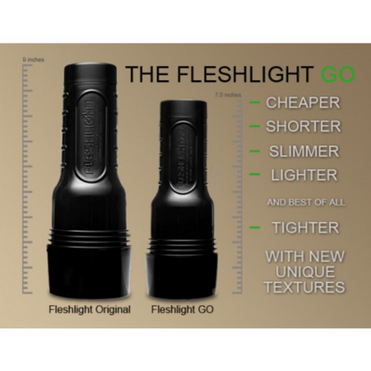 Comparison chart of Fleshlight Original and Fleshlight GO with text describing differences.