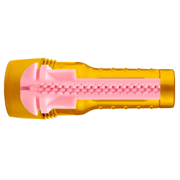 Yellow and pink fleshlight on a white background
