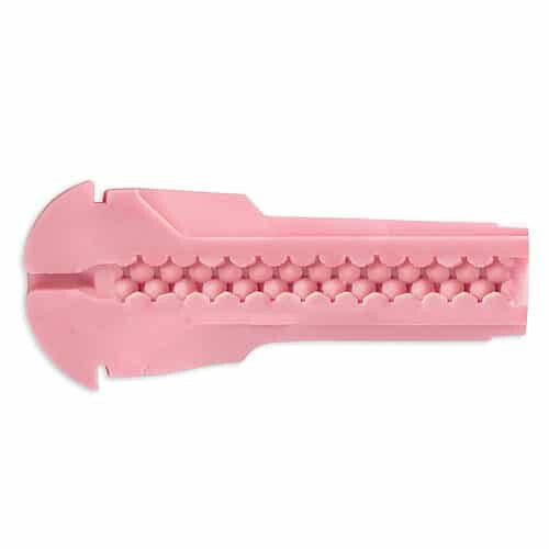 Pink masturbator with textured surface on a white background