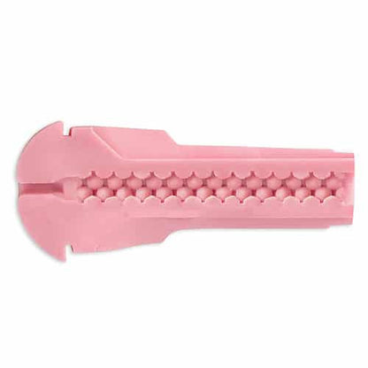 Pink masturbator with textured surface on a white background