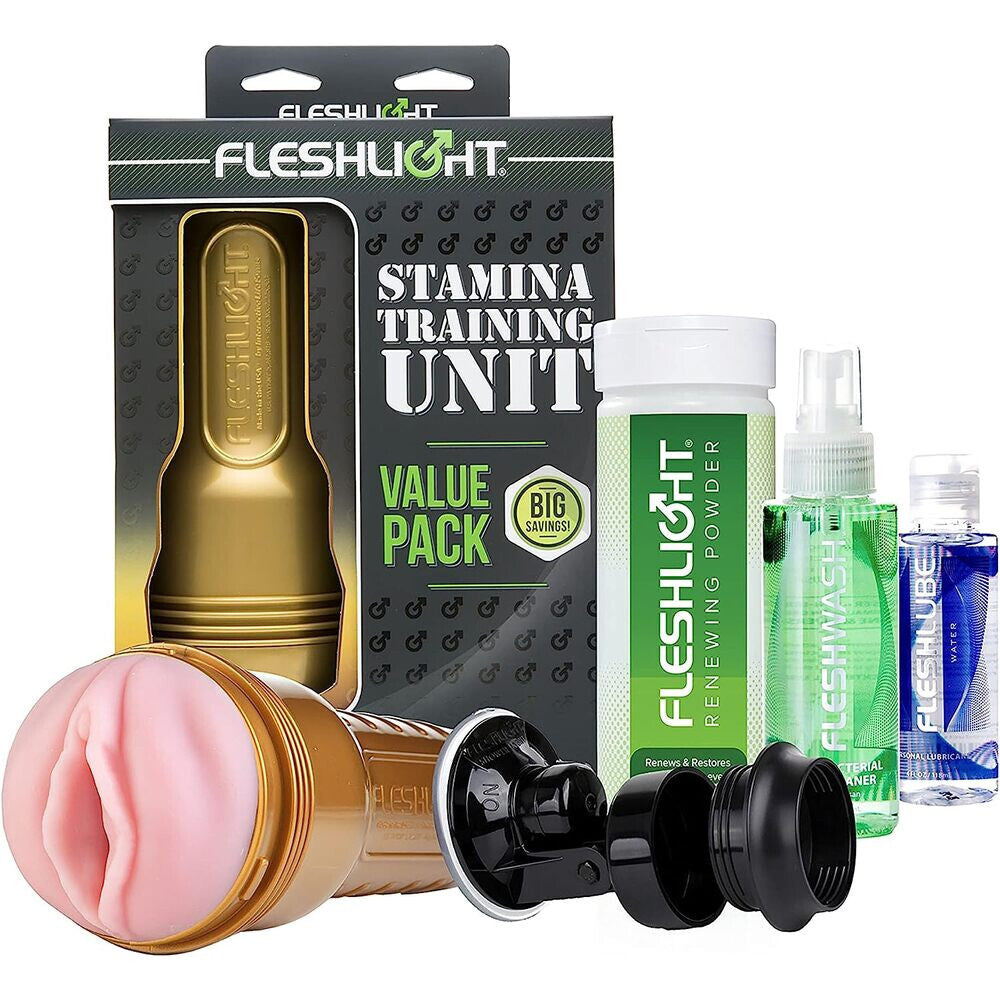 Fleshlight Stamina Training Unit with packaging and accessories on a white background