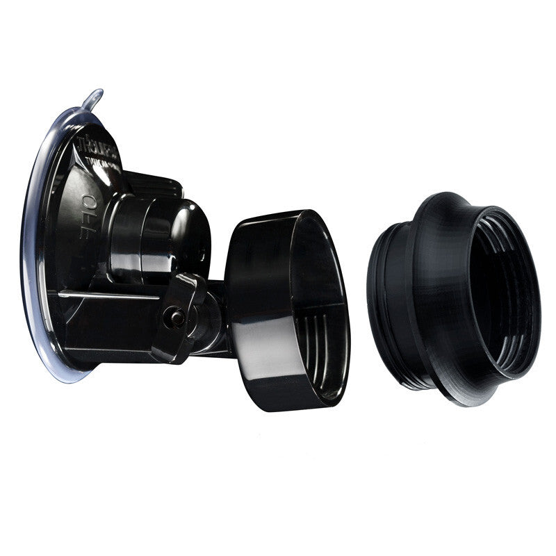 Black Fleshlight suction cup and mounting bracket on a white background