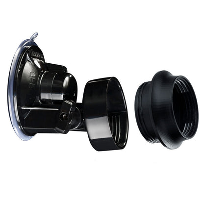 Black Fleshlight suction cup and mounting bracket on a white background