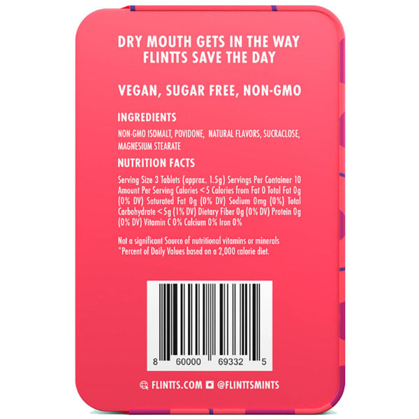 Back of a pink mint container with text about mint product features and ingredients.