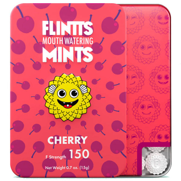 Flintts cherry mints packaging with a cartoon character on a pink background