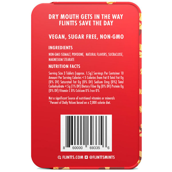 Back of a red mint tin with text about ingredients, nutrition facts, and branding.