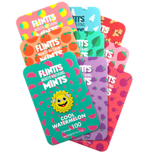 Colorful packaging of Flintts Mouthwatering Mints with various flavors on a white background.