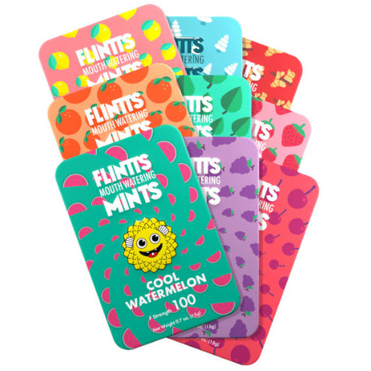 Colorful packaging of Flintts Mouthwatering Mints with various flavors on a white background.