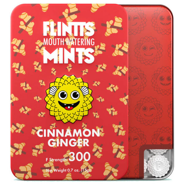 Red tin of Flintts Cinnamon Ginger mints with cartoon character on a white background