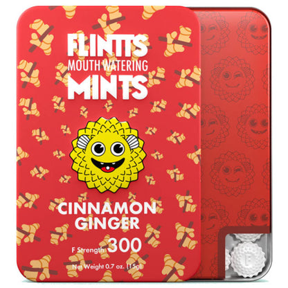 Red tin of Flintts Cinnamon Ginger mints with cartoon character on a white background
