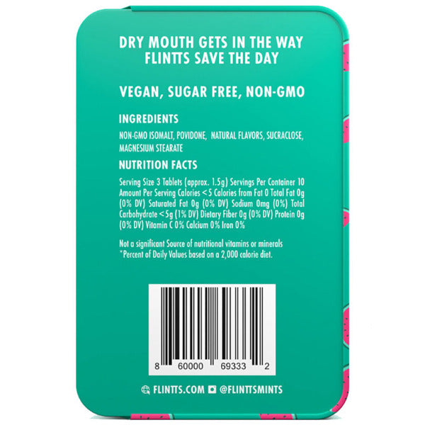 Back of a mint tin with text about product features and ingredients on a white background