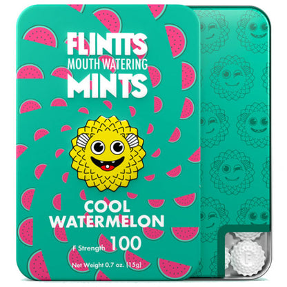 Flintts Cool Watermelon mints packaging with a cartoon character on a teal background