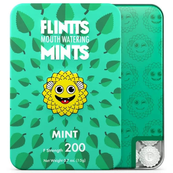 Flintts mint tin with green design and yellow logo on a white background
