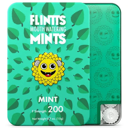 Flintts mint tin with green design and yellow logo on a white background
