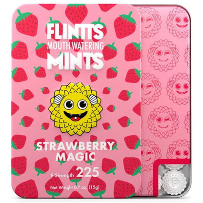Flintts Strawberry Magic mints packaging with strawberry pattern and yellow cartoon character on pink background