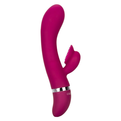 Pink silicone sex toy with a silver band on a white background