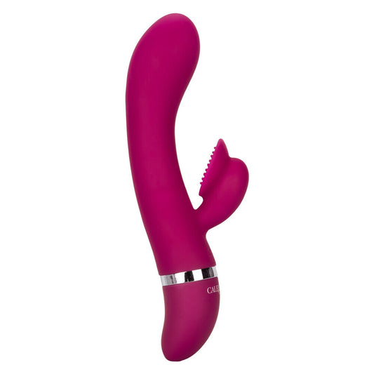 Pink silicone sex toy with a silver band on a white background