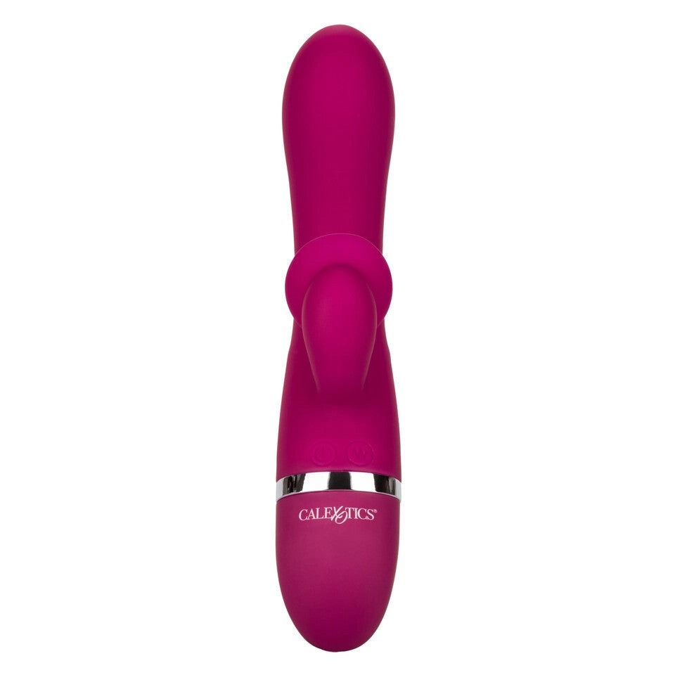 Pink electronic rabbit massager with a silver logo on a white background