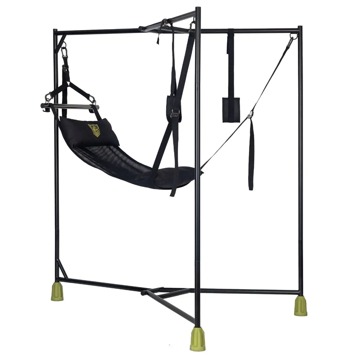 Black sex hammock chair with metal stand on a white background