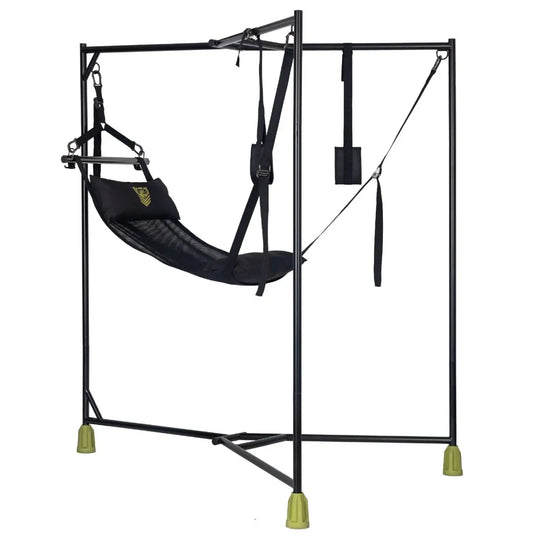 Black sex hammock chair with metal stand on a white background