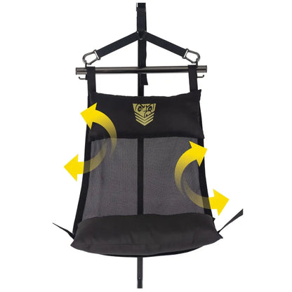 Black hanging bag with mesh design and yellow arrows on a white background