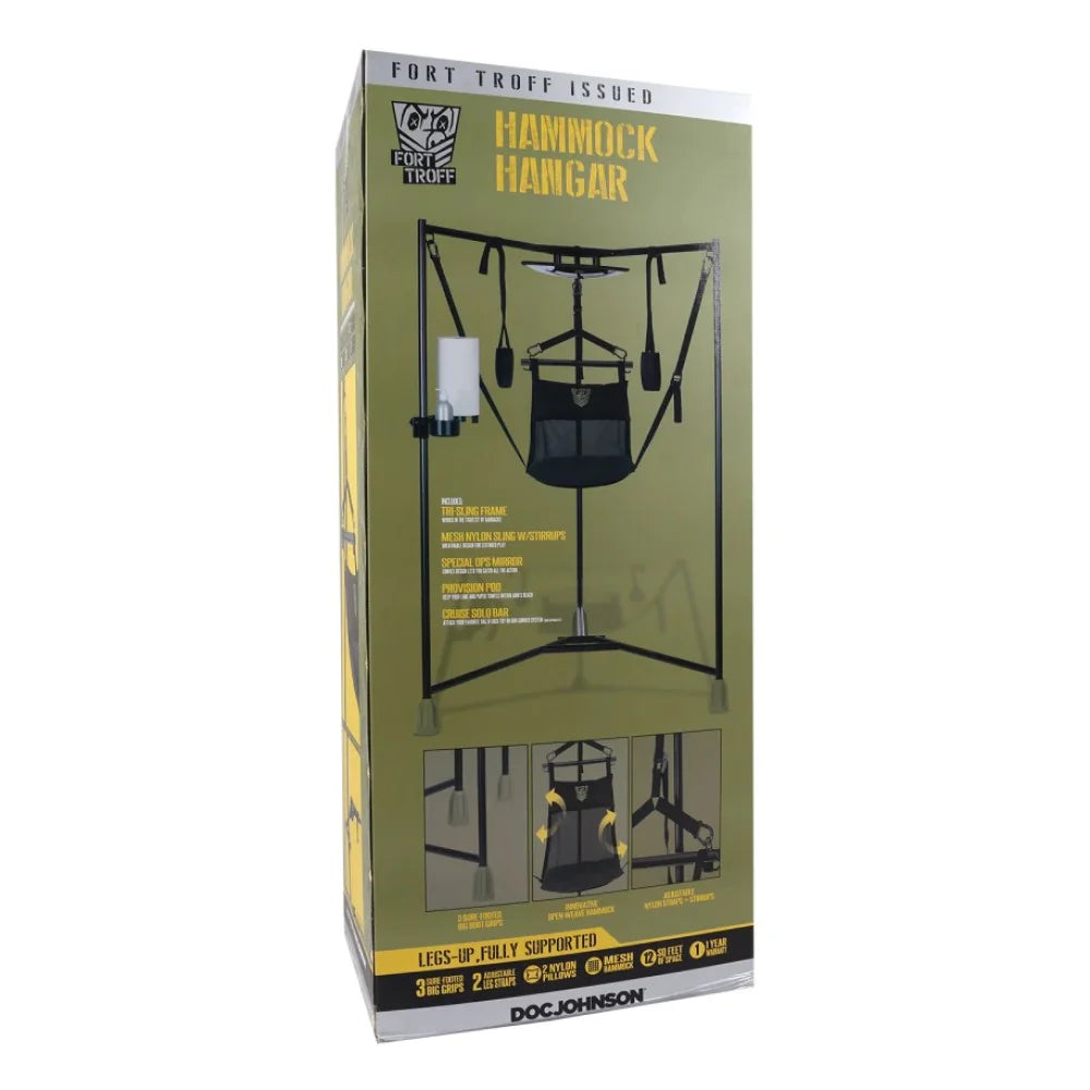Packaging of a hammock hanger with clear window showing product inside, on a white background.