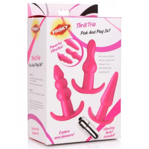 Frisky Thrill Trio pink anal plug set packaging on a white background