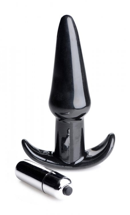 Black butt plug with a cylindrical component on a white background
