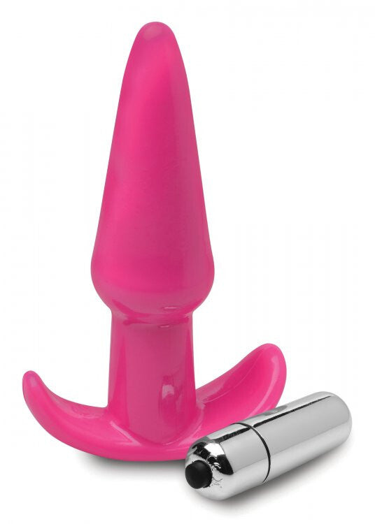 Pink silicone butt plug with a metallic cap on a white background