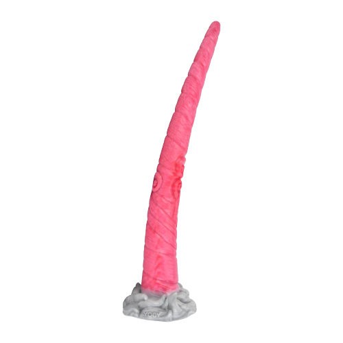 Pink unicorn horn dildo with gray base on a white background